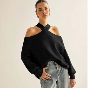 Commense Cross-Over Colllar Cold Should Sweater - Size L and XL - Black - NWT